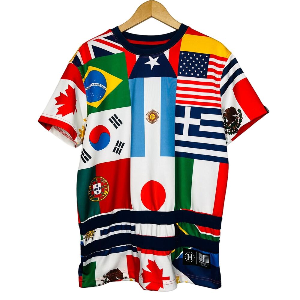 Hudson Jersey Scuba Shirt Top Short Sleeve Colorful Flag Football - L